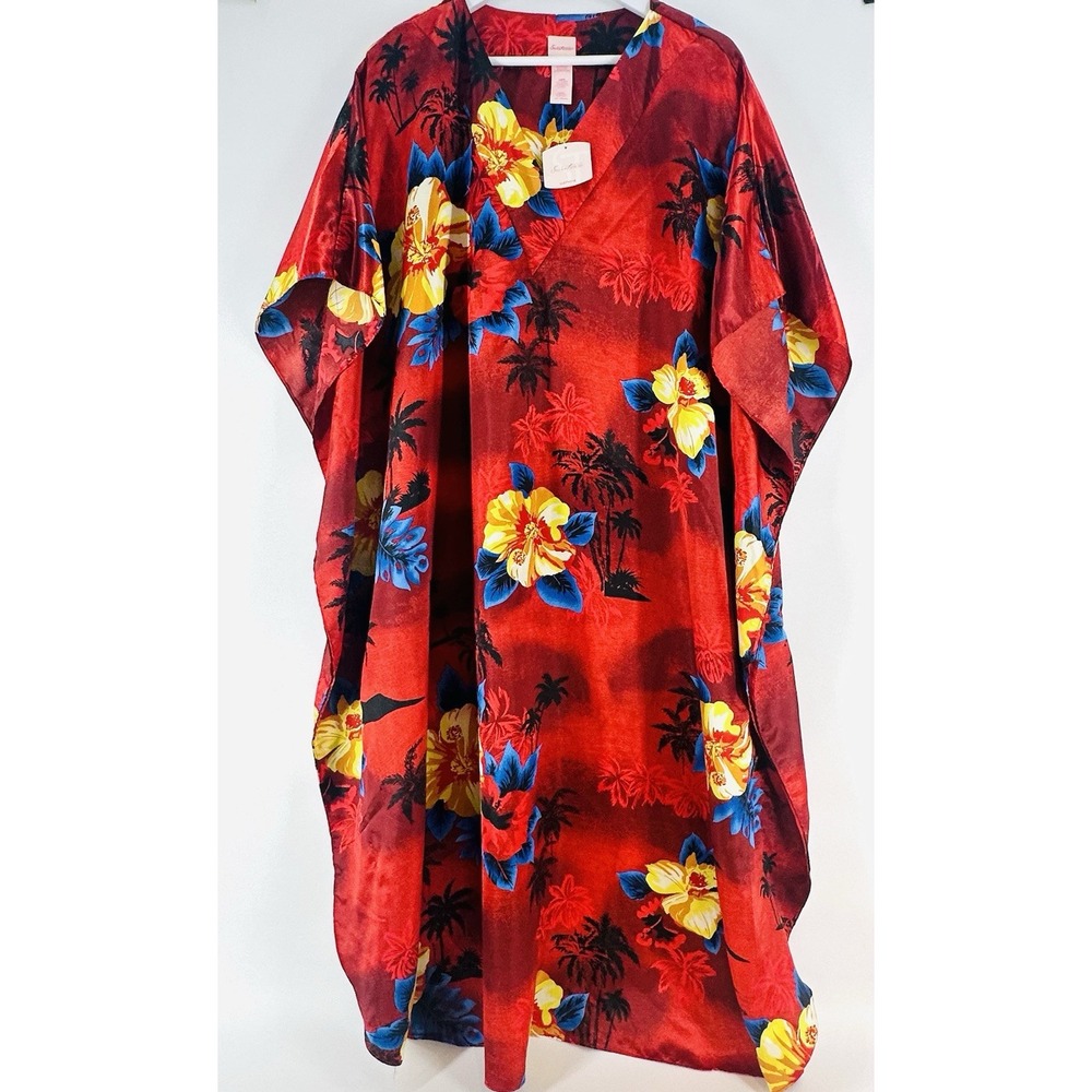 Secret Treasures Shiny Red Floral Sleepwear Satin‎ Kimono Kaftan NWT V1016